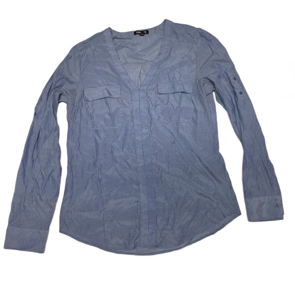 Express Women Blue White Polka Dot Long Sleeve Button Down Blouse Top Size M